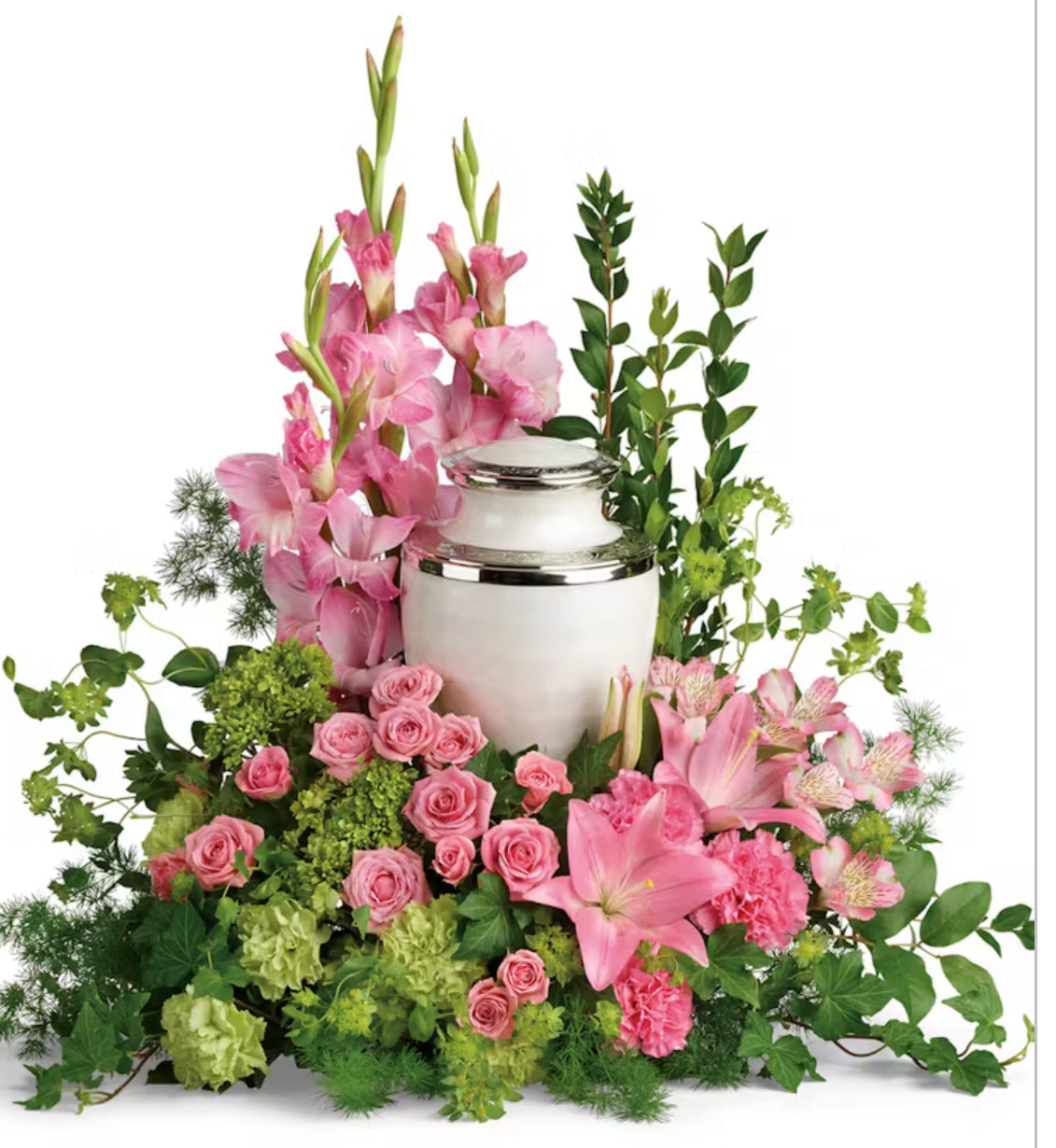 A tasteful funeral floral arrangement designed to surround an urn, featuring soft pink gladiolus, pink lilies, light green hydrangeas, pink spray roses, alstroemeria, and lush greenery including ivy and asparagus fern. The arrangement forms a peaceful semi-circle base around a white ceramic cremation urn with silver accents—perfect for memorials, cremation services, and celebration of life ceremonies.