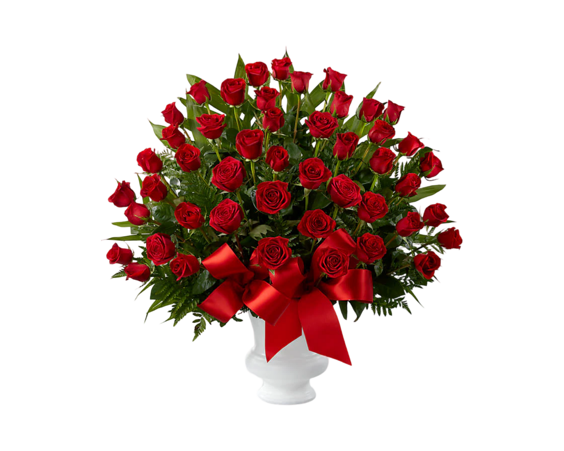 A formal and luxurious sympathy arrangement featuring dozens of long-stemmed red roses arranged in a fan shape with lush greenery, displayed in a white pedestal urn. Finished with a bold red satin bow, this floral tribute conveys deep love, honor, and respect—perfect for funeral services or memorials.