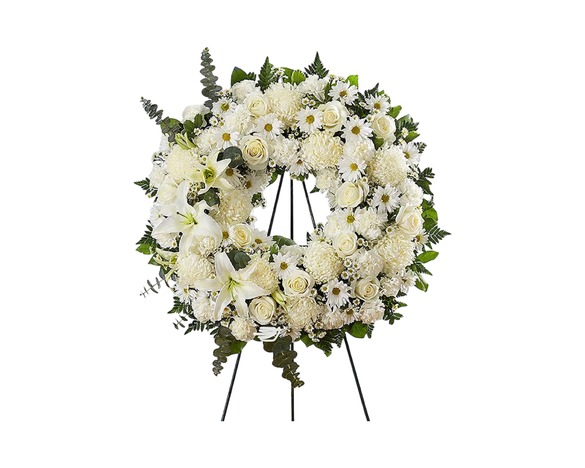 A traditional all-white standing funeral wreath arranged on a black metal easel, composed of ivory roses, white lilies, white chrysanthemums, white carnations, white daisies, and baby’s breath. Accented with green fern and eucalyptus, this elegant floral tribute expresses peace, reverence, and eternal remembrance—perfect for funeral services, memorials, or celebrations of life.