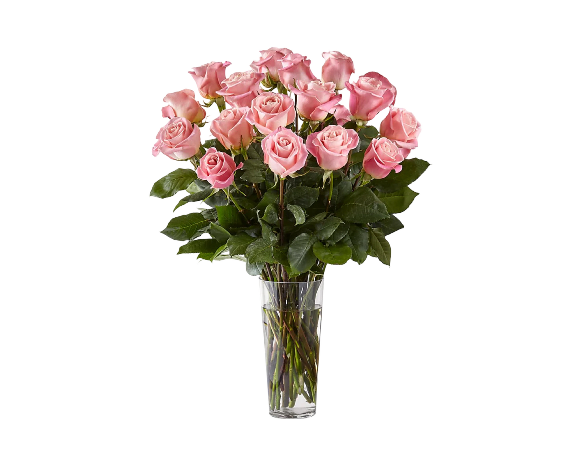 A tall and elegant arrangement of long-stemmed pink roses displayed in a clear cylindrical glass vase. Featuring lush green foliage and soft pink blooms, this timeless bouquet is perfect for expressing admiration, gratitude, or romantic affection.