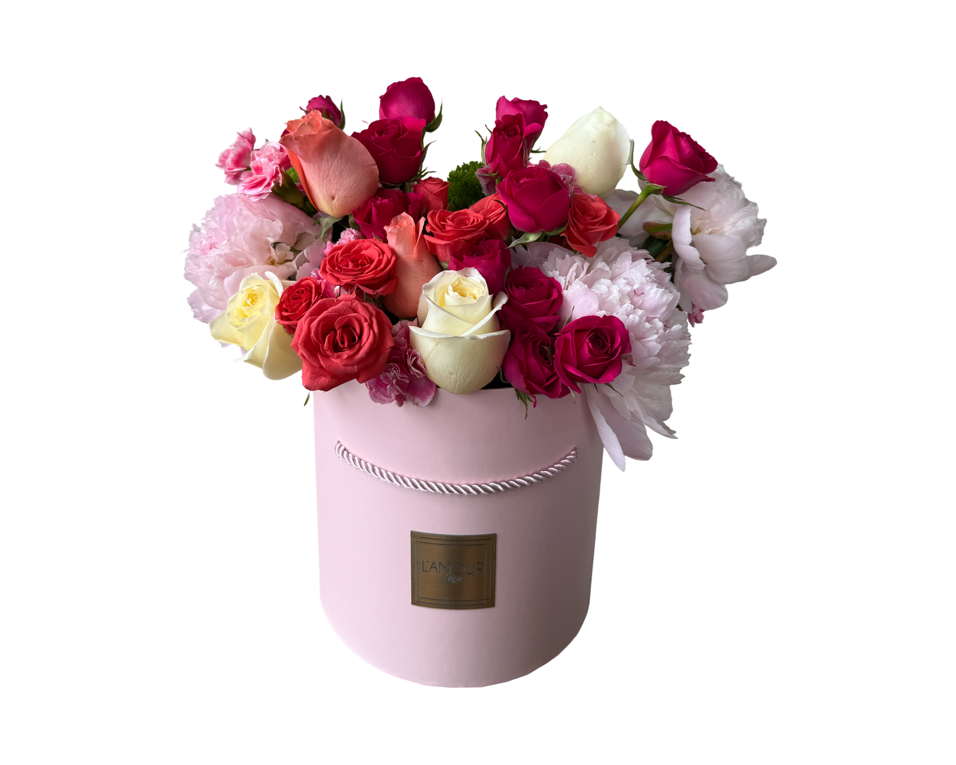 Luxury flower arrangement with roses and peonies in a designer pink hatbox, perfect for anniversaries, proposals, and romantic celebrations.
