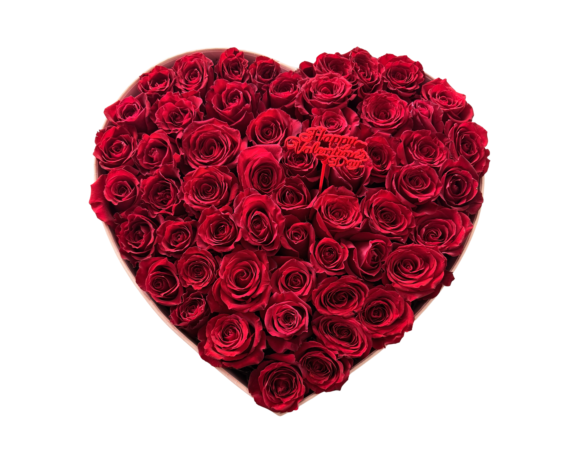 A stunning heart-shaped arrangement of deep red roses tightly packed into a blush pink hatbox with a red “Happy Valentine’s Day” topper. This lavish presentation is a timeless and romantic gesture, ideal for celebrating Valentine’s Day, anniversaries, or heartfelt declarations of love.