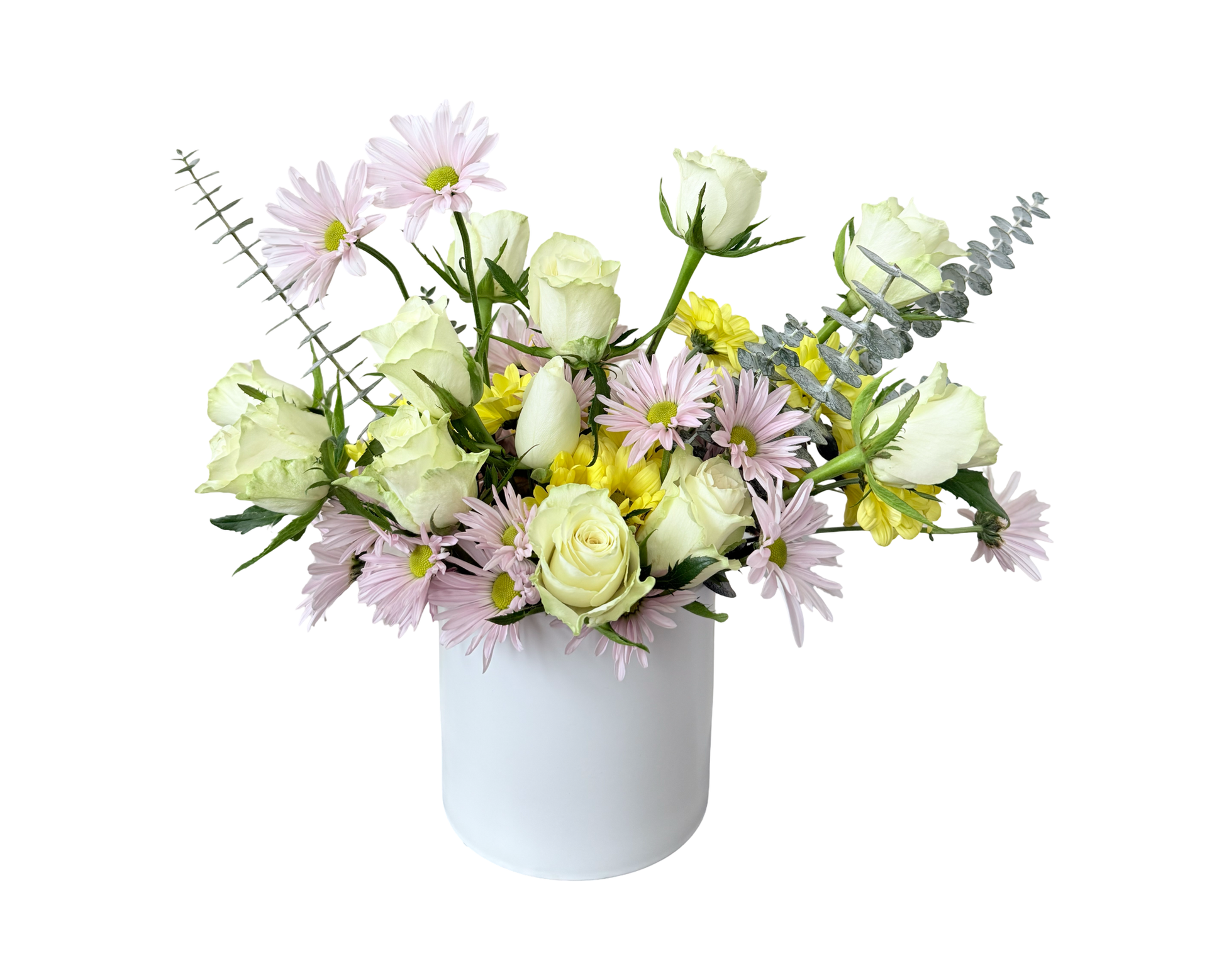 Lemon Light – White Rose & Daisy Vase Arrangement
