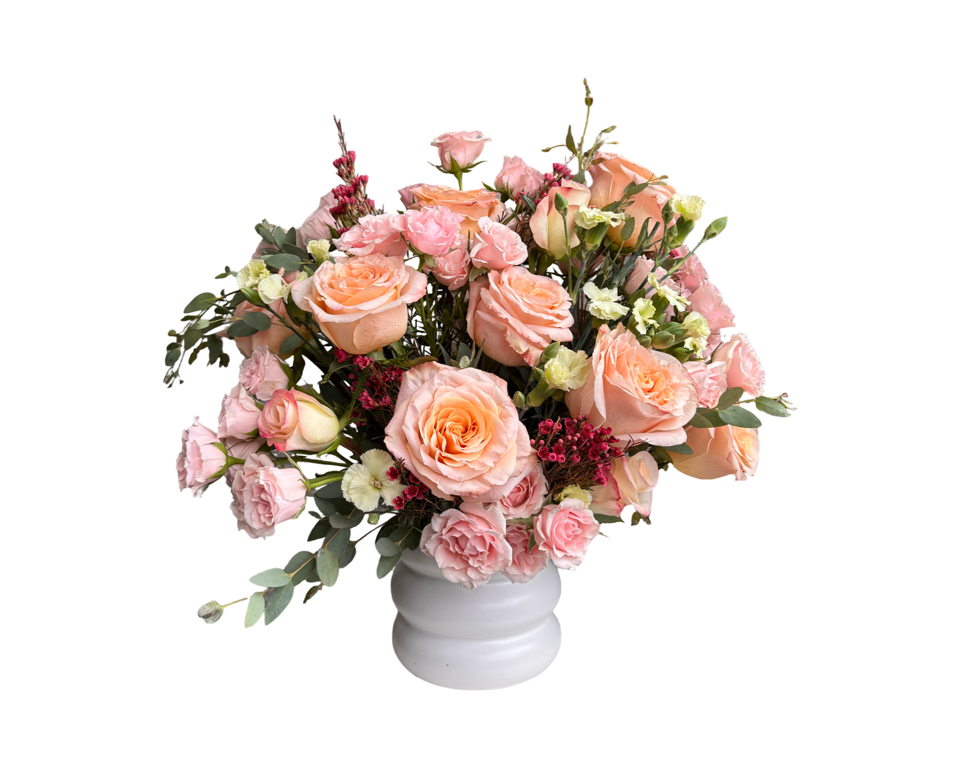 Peach Whisper – Blush Rose & Spray Carnation Floral Arrangement