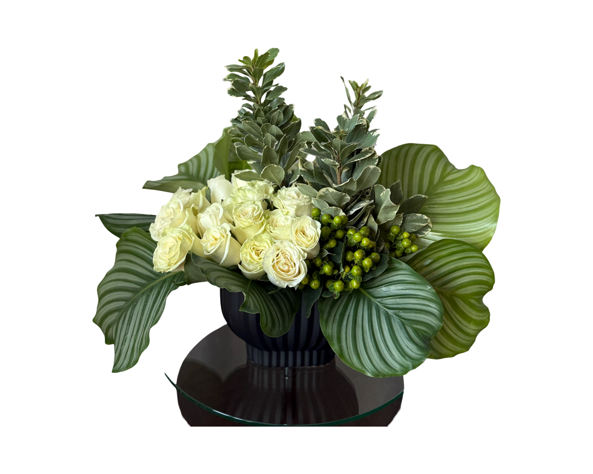 Modern Verde – White Roses & Tropical Leaf Designer Arrangement
