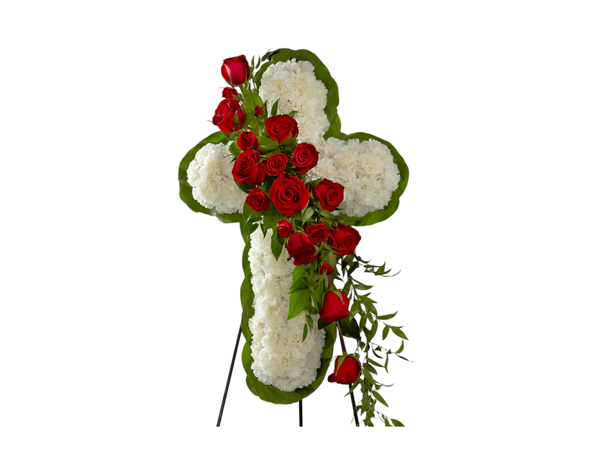 A standing funeral cross floral arrangement made of white carnations and greenery, with a diagonal cascade of classic red roses. Displayed on a black easel, this religious sympathy tribute conveys faith, remembrance, and eternal love, ideal for funerals, memorial services, and religious ceremonies.