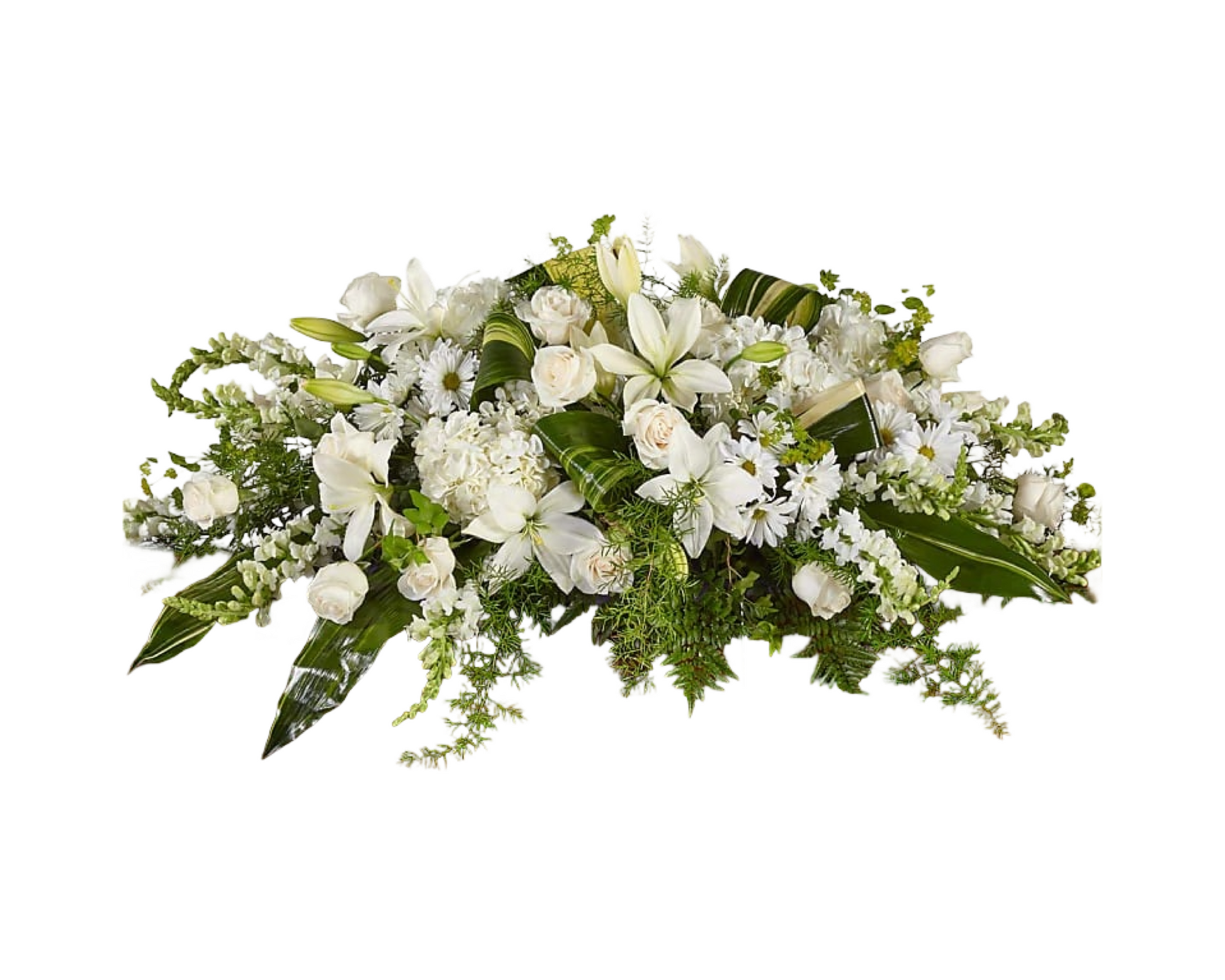 A classic all-white funeral casket spray featuring white lilies, roses, snapdragons, daisies, and hydrangeas, accented with palm leaves, leatherleaf fern, and trailing greenery. This elegant floral tribute conveys peace, purity, and eternal love, perfect for honoring a loved one at a memorial or funeral service.