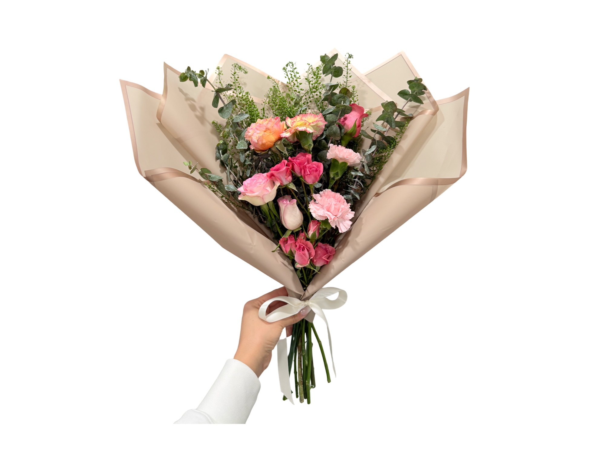 Pink Embrace – Hand-Tied Rose & Carnation Wrapped Bouquet