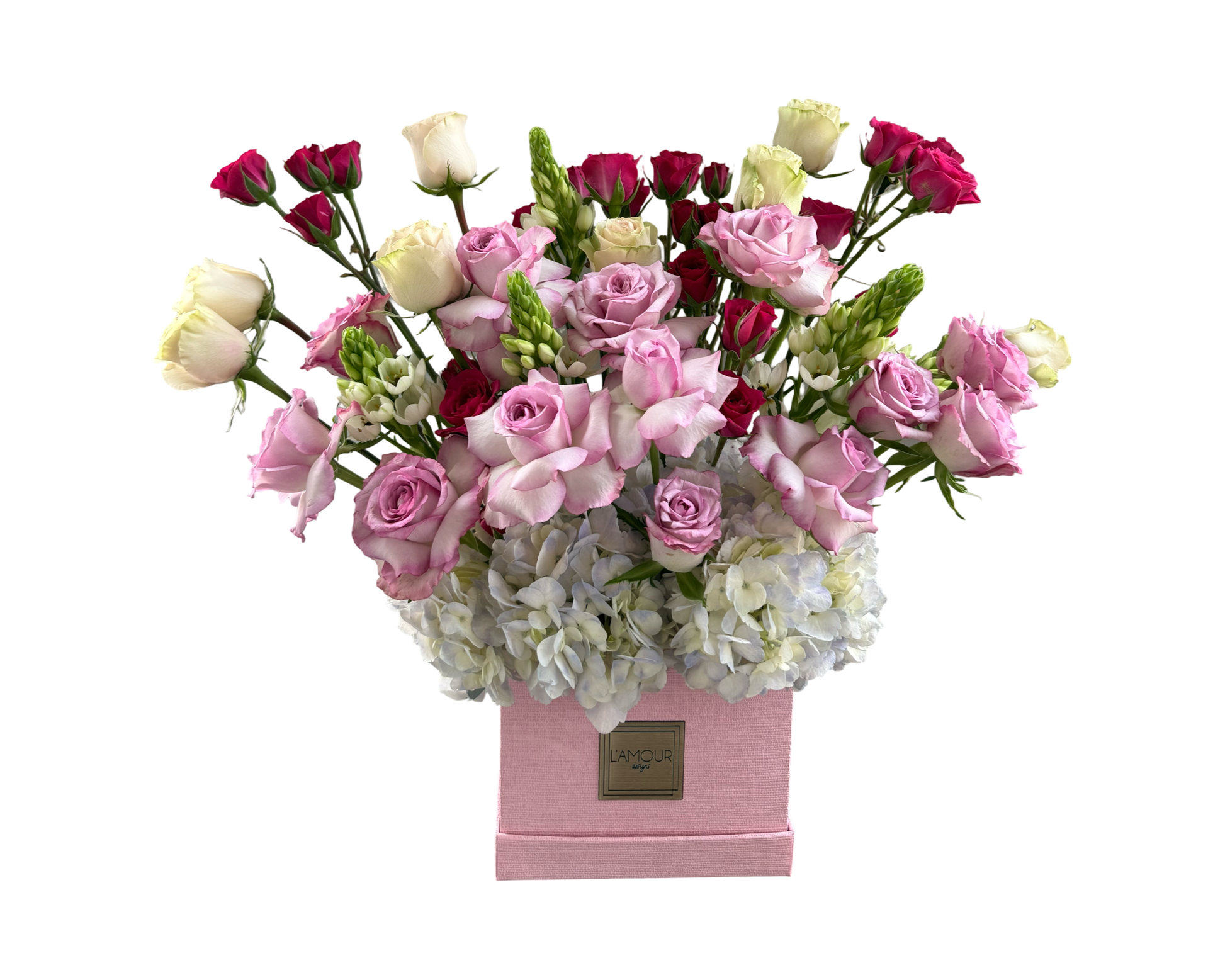 Pink Elegance – Designer Floral Box with Roses & Hydrangeas