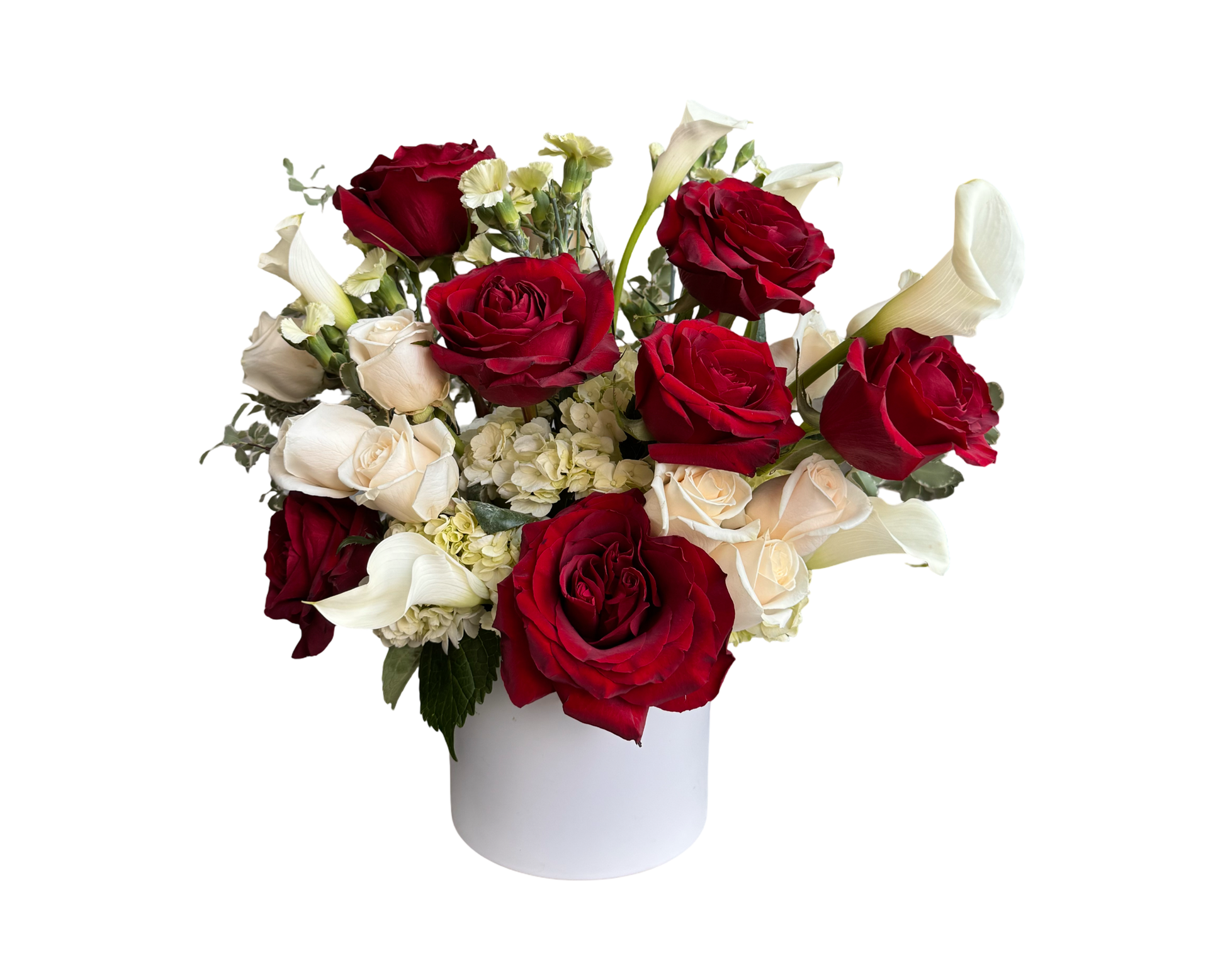 Crimson & Cream – Red Rose and Calla Lily Floral Arrangement