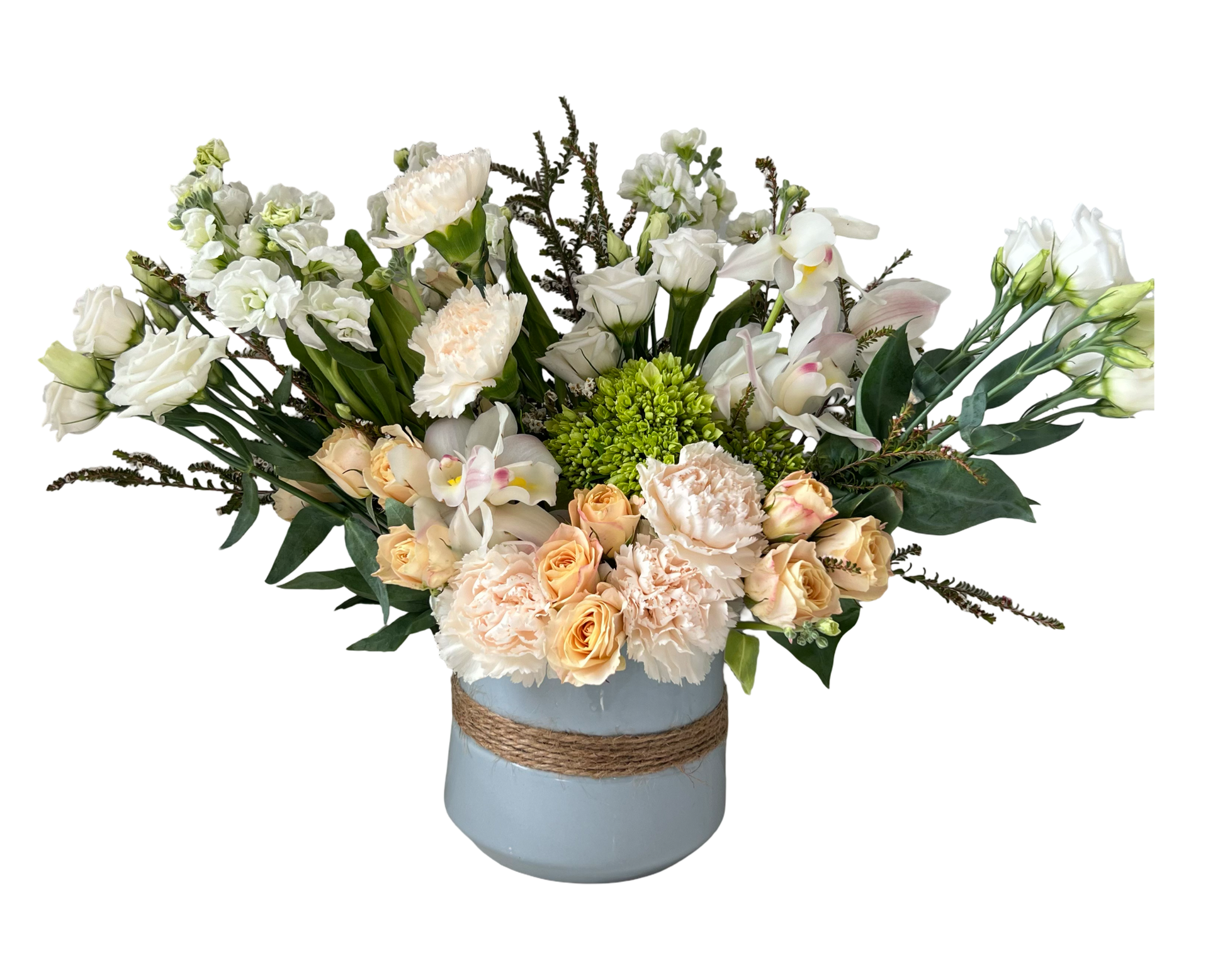 A natural and calming floral arrangement in a rustic light blue ceramic vase wrapped with twine, featuring ivory lisianthus, peach spray roses, white cymbidium orchids, white carnations, green hydrangeas, and eucalyptus. The soft neutral tones and organic textures make it a versatile piece ideal for sympathy, home decor, or casual gifting.