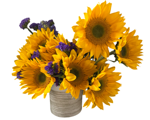 A bright and joyful floral arrangement in a textured beige ceramic vase featuring vibrant yellow sunflowers paired with purple statice. The bold contrast and rustic simplicity make this bouquet perfect for summer gifting, thank-you gestures, and cheerful everyday decor.