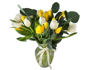 A cheerful and elegant floral arrangement featuring a vibrant mix of yellow and white tulips accented with fresh eucalyptus leaves. The blooms are arranged in a clear glass vase tied with a soft ivory ribbon, creating a bright and refreshing presentation. Perfect for anniversaries, birthdays, Mother’s Day, or as a thoughtful get well or housewarming gift, this arrangement conveys joy, hope, and new beginnings.