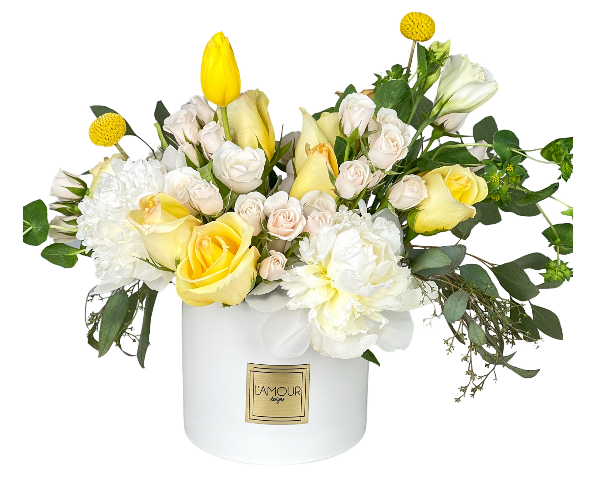 This cheerful floral arrangement features a soft and sunny palette of white and yellow tones. It includes a vibrant mix of yellow tulips, yellow roses, ivory spray roses, creamy white lisianthus, delicate white peonies, and billy balls (craspedia) for a pop of texture. The flowers are set in a matte white hatbox-style vase with the L’amour Designs label, and accented with lush eucalyptus and seasonal greenery.