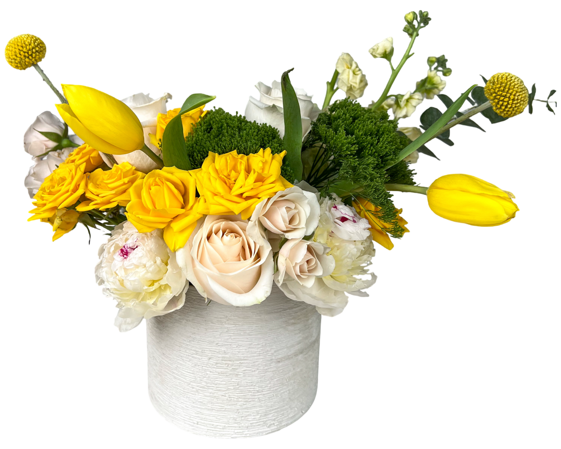 A vibrant floral arrangement in a textured white ceramic vase, featuring yellow tulips, yellow roses, cream roses, white peonies, yellow craspedia (billy balls), green moss, and white stock. The sunny color palette and fresh composition make this design ideal for spring gifting, congratulations, and uplifting occasions.